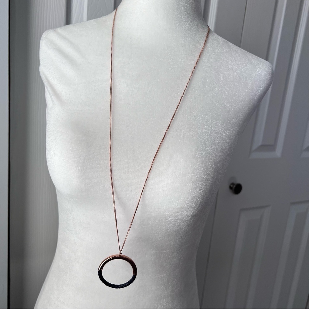 Lake Moon Mixed Media Metal Circle Long Necklace ok Rose Gold Tone Chain